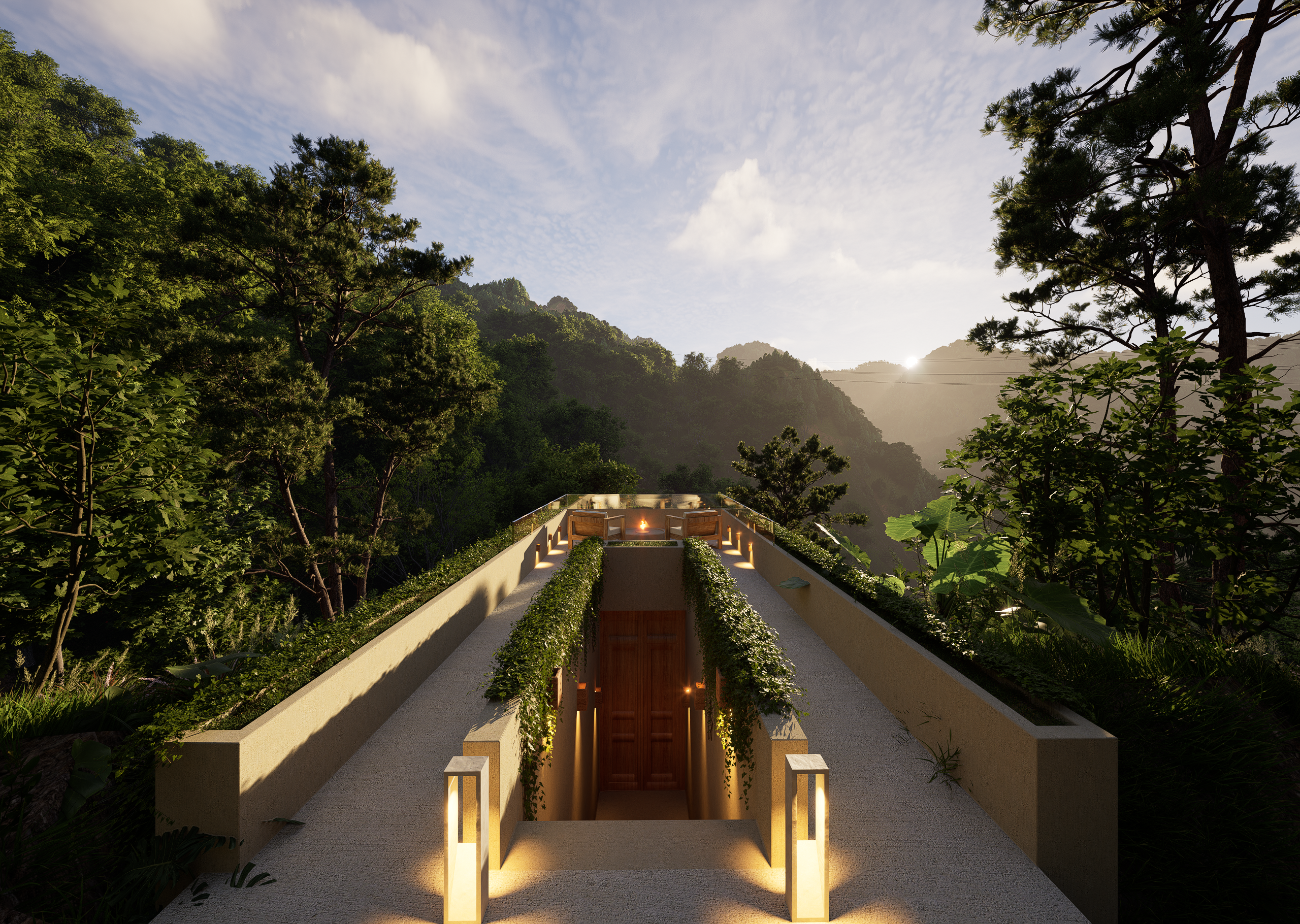 Render arquitectónico del acceso principal de Siete Raíces